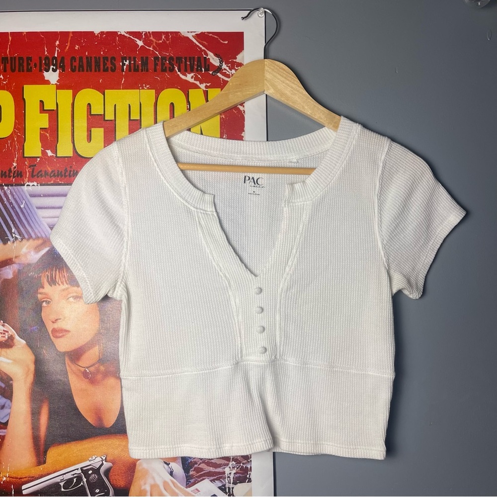 PacSun White Cropped Lightweight Waffle V Neck Crop Top
